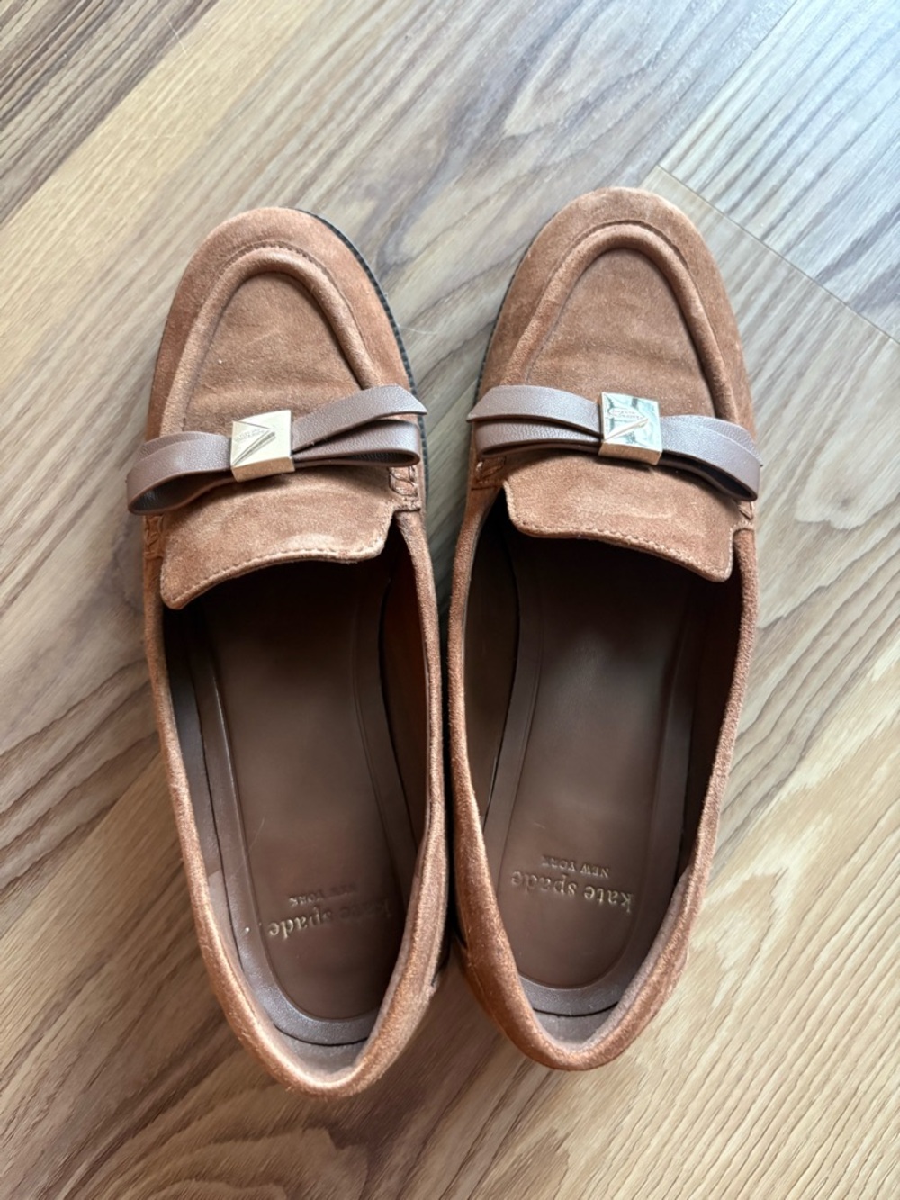 kate spade Tan Suede Loafers with Bow Accent